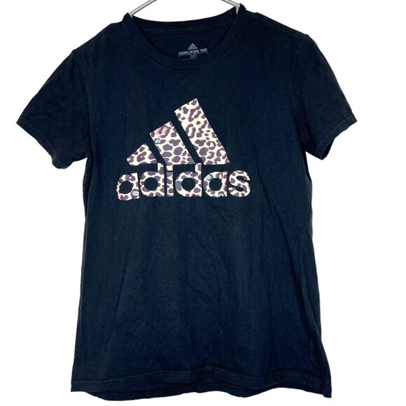 Adidas Amplifier Tee‎ Womens Black & Animal Print Size Small Petite Tee Shirt - Picture 1 of 9